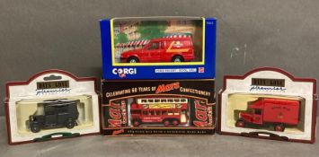 Four Diecast models to include The Mars Heritage bus and a Corgi Royal Mail van