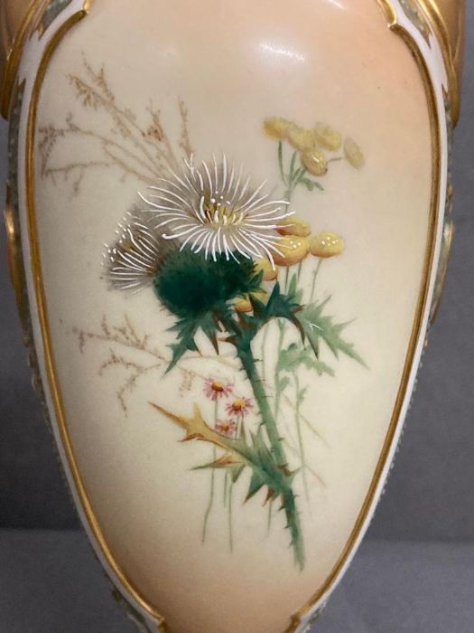 Royal Worcester two handled vase with thistle theme (H27cm) - Image 5 of 6