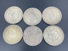 A selection of six INDIAN One Rupee coins from 1890 to 1920