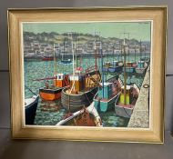 Oil on board of Newlyn Harbour signed top right Alan Morrill
