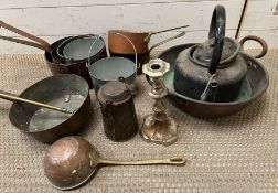 A selection of brass and copper kitchenalia to include pots, pans and a kettle
