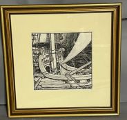 Pen and ink drawing of contemplative sailor on a sailing ship 18cm x 18cm