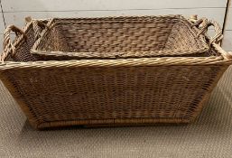 Two wicker handles laundry or log baskets (87cm x 56cm x 36cm)