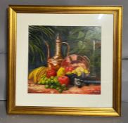 Stanley Marks oil on board Fruit and Copper Pot 42cm x 40cm signed bottom right.