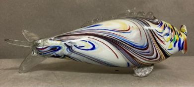An Italian Murano glass fish in cobalt blue, reds and white
