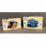 Two Diecast Corgis, a Riley Billiard tables Bedford lorry and a Borwicks Baking powder bus