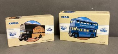Two Diecast Corgis, a Riley Billiard tables Bedford lorry and a Borwicks Baking powder bus