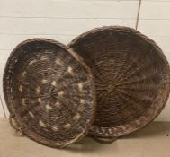 Two large circular wicker baskets (Dia 92cm Depth9cm and Dia97cm Depth 16cm)