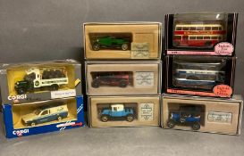 A selection of boxed Diecast vans, cars and buses to include three Corgi classics