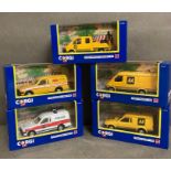 A selection of five Corgi Diecast model cars to include a recovery vehicle, a red star van and a