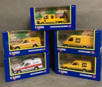A selection of five Corgi Diecast model cars to include a recovery vehicle, a red star van and a