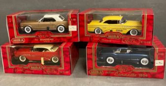 Four Diecast model cars to include a Buick taxi, Ford Mustard, a Corvette and a Buick
