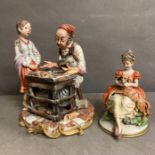 A signed Capodimonte figure of a cobbler and his child and a Italian figure of a lady with a dog