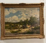 An oil on canvas of a framing scene signed lower right (64cm x 51cm)
