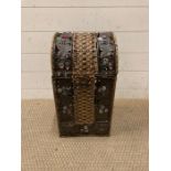 A wicker basket with hinged lid, leaf design metalwork and coloured glass beads (H52cm)