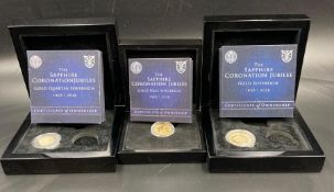 The Sapphire Coronation Jubilee three coin set to include Sovereign, half sovereign and quarter