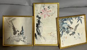 A selection of three Oriental paintings, signed, floral and bird themed.