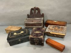 A selection of boxes to include work boxes, jewellery boxes and a strong box