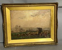 J Herbert Snell oil on board of a country scene with sheep grazing in a gilt frame 32cm x 24cm