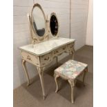 A Louis style white painted dressing table with triptych mirror and stool