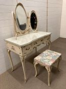 A Louis style white painted dressing table with triptych mirror and stool