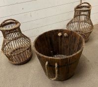 Two wicker lantern shape baskets and one wooden rope handles tub (H36cm Dia48cm)