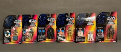 A selection of six boxed Star Wars figures, Darth Vadar, R2D2, Chewbacca etc