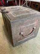 A vintage cast iron strong box with key 36x34x33 cm