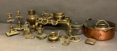 A selection of brass, copper and white metal items to include candle sticks, pots and figurines