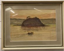 A framed watercolour of a lakeside scene signed bottom left