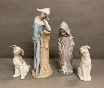 A selection of four Nao figures to include a pair of dogs and a harlequin
