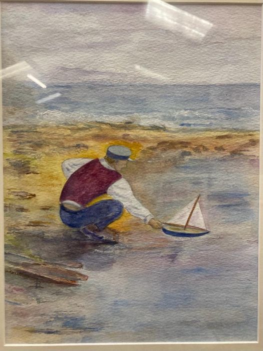 A framed watercolour of a boy with his boat signed bottom left - Image 2 of 3