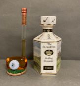 Two commemorative golfing items from St Andrews, The St Andrews golfing decanter and a bottle of