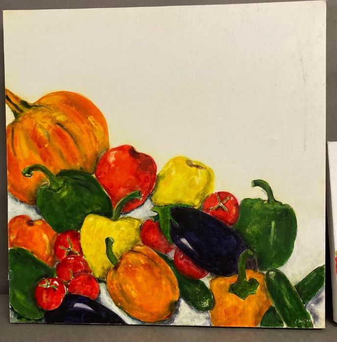 Two naïve oil on canvas various vegetables, signed bottom right - Image 4 of 4