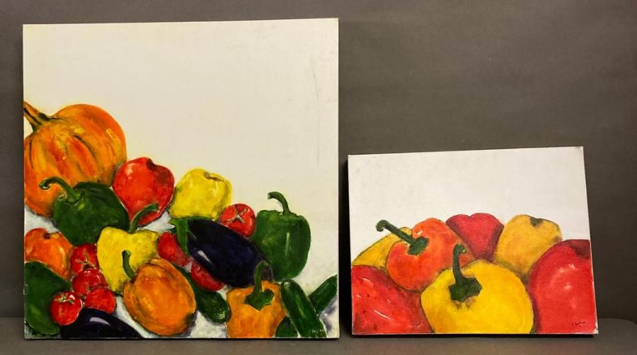 Two naïve oil on canvas various vegetables, signed bottom right