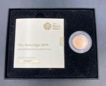 The Royal Mint The Sovereign 2019 Gold Brilliant Uncirculated Coin, boxed with paperwork.