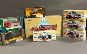 A selection of Corgi fire engines along with a Pickford's removal lorry and a Fullers van Diecast