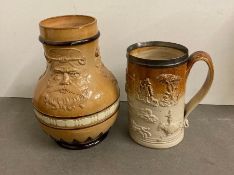 A Doulton Lambeth stoneware glazed vase and a stoneware glazed tankard with silver hallmarked rim
