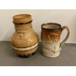 A Doulton Lambeth stoneware glazed vase and a stoneware glazed tankard with silver hallmarked rim