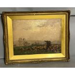 J Herbert Snell oil on board of a country scene with sheep grazing in a gilt frame 32cm x 24cm