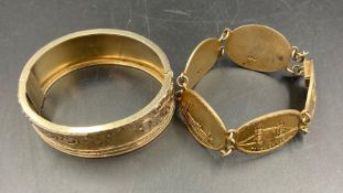 A silver gilt bracelet with views of London and Windsor and Victorian style silver gilt bracelet (