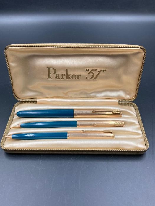 A Parker 51 three pen set to include, pencil, biro and fountain pen.