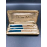 A Parker 51 three pen set to include, pencil, biro and fountain pen.