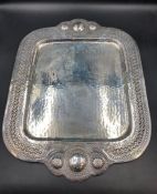 A white metal tray with hammered and engraved detail (Approximate measurements 39cm x 52cm)