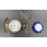 A silver pocket watch and a silver and enamel watch (Makers mark DBS)