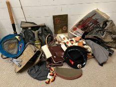 A selection of reproduction military items including caps, gas mask etc