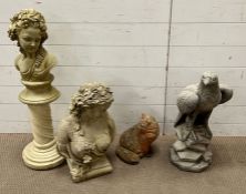 Four garden ornaments including two busts and an eagle