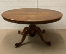 An oval mahogany centre table on scrolling down swept legs (H71cm W128cm D95cm)