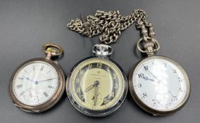A selection of three pocket watches: One silver with an Albert chain, Ingersoll ltd London and one