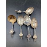 A selection of five antique silver caddy spoons, Dutch.